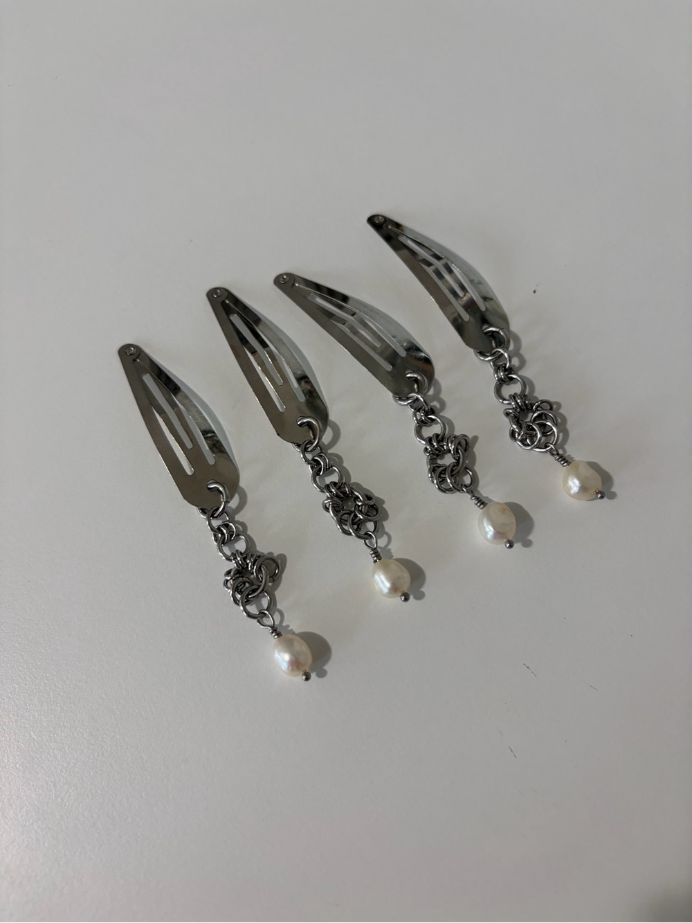 Pearl Drop Silver Hair Clips - Set of 4
